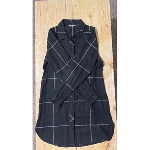 Athleta Womens Black Windowpane Plaid Button Down Tunic Shirt Small Long Sleeve